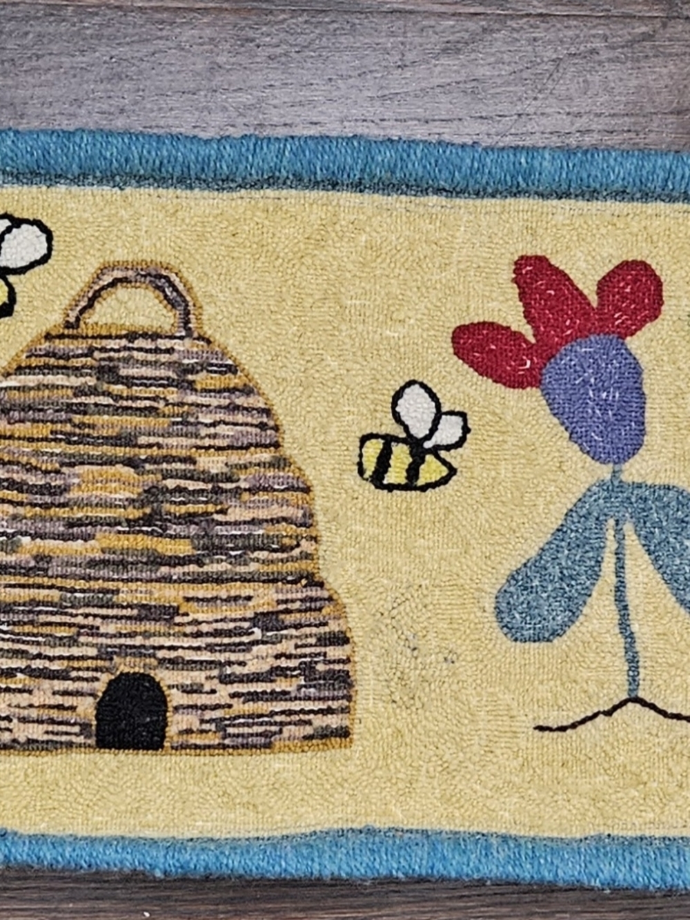 Yellow Beehive Hooked Door Mat Or Table Runner with Floral & Bee Motif